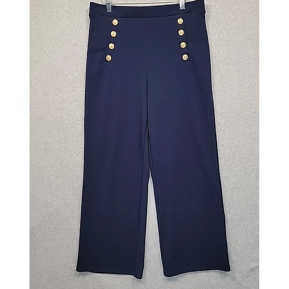 H&M Navy Sailor Button High Waist Pull On Wide Leg Pants Gold Button Womens Sz L